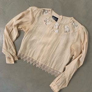 Vintage Cream and Lace trim blouse